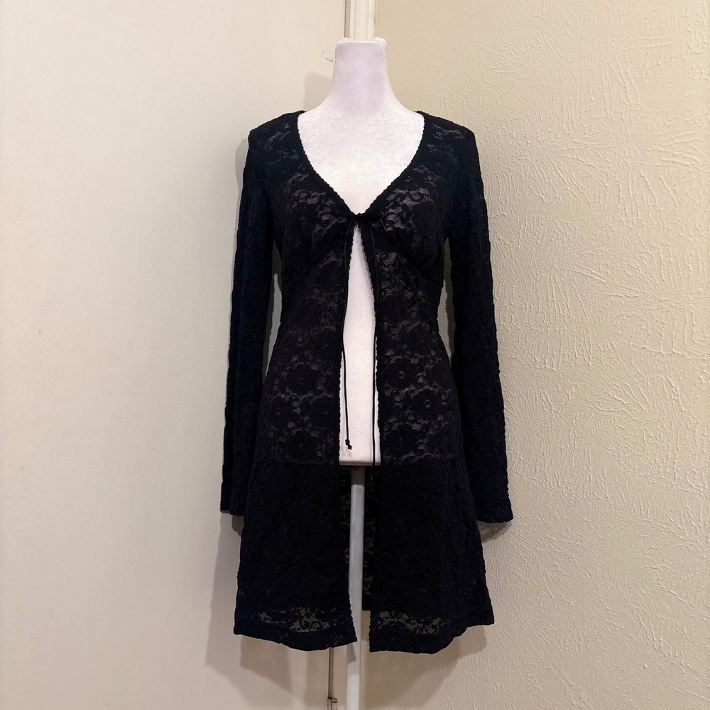 Black Floral Lace Front Tie Extra Long Cardigan Duster Sheer Goth Whimsigoth S/M